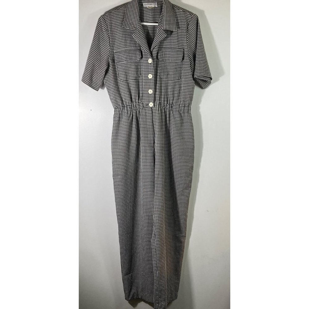 Womens Vintage Joan Walters Short Sleeve Gingham Jumpsuit Black & White 14